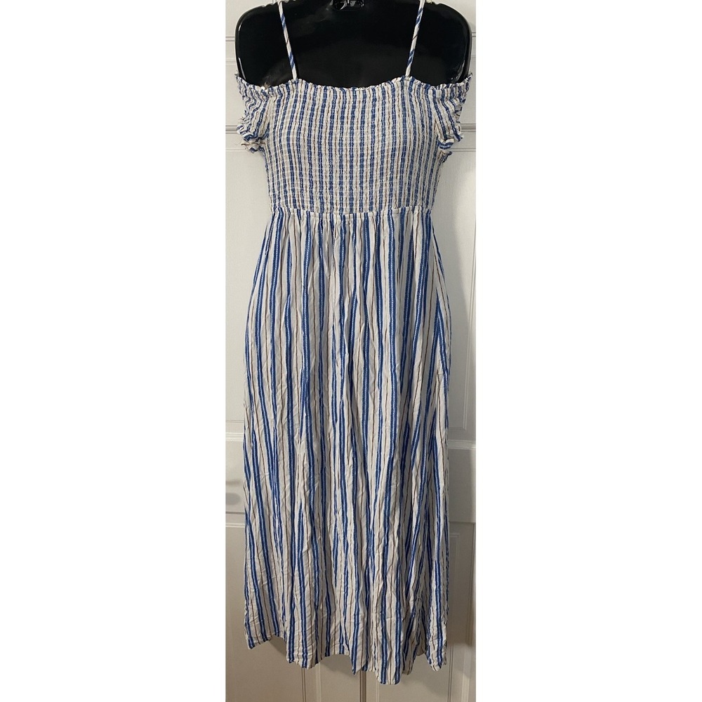 Magnolia Skye Smocked Maxi Dress Womens Med Blue White Striped Boho Beach Resort